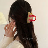 Retro Number Handle Hair Claw Clip – Beige Red Acrylic