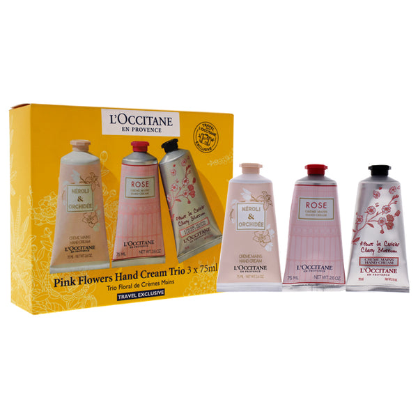 LOccitane Pink Flowers Hand Cream Trio by LOccitane for Unisex - 3 x 2.6 oz Pivoine Flora Hand Cream, Roses et Reines Hand & Nail Cream, Cherry Blossom Hand Cream