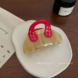 Retro Number Handle Hair Claw Clip – Beige Red Acrylic