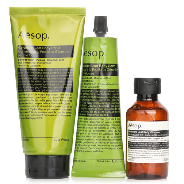 Aesop Rousing Rhythms Set: Geranium Leaf Body Cleanser 100ml+Geranium Leaf Body Balm 100ml+Geranium Leaf Body Scrub 180ml  3pcs + bag