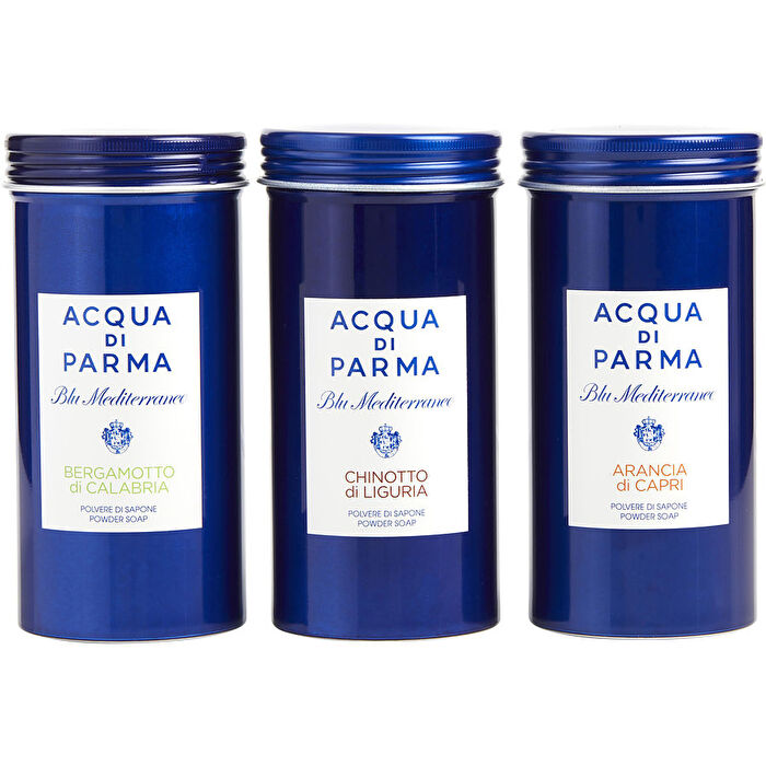 Acqua Di Parma Blue Mediterraneo Variety 3 Piece Variety With Arancia Di Capri & Chinotto Di Liguria & Bergamotto Di Calabria And All Are Powder Soap 75ml/2.5oz