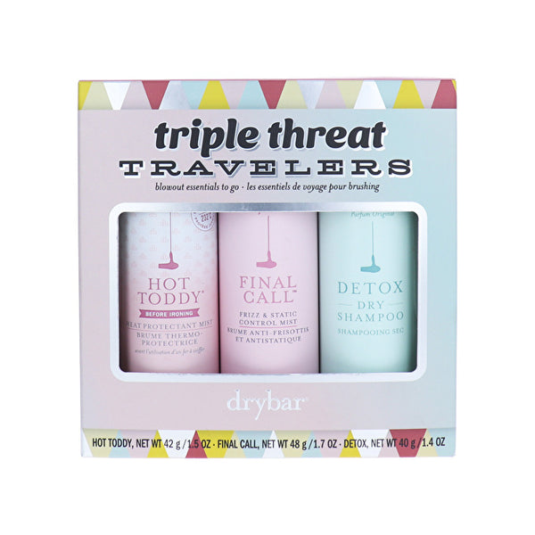 Drybar Triple Threat Travel Set - Final Call Frizz And Static Control Mist Detox Dry Shampoo 40g Hot Toddy Heat Protectant 42g 48g