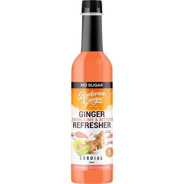 Buderim Ginger Ginger Lemon, Lime & Bitter Refresher Cordial No Sugar 750ml