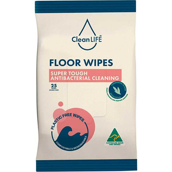 Cleanlife Floor Plastic Free Wipes Antibacterial Cleaning 25pk