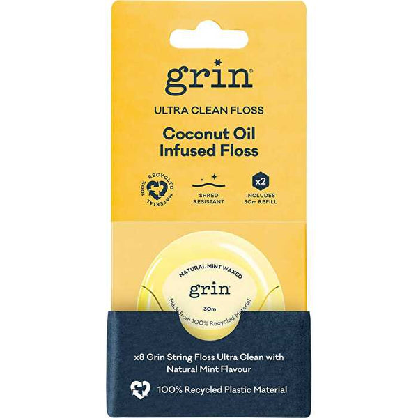 Grin Ultra Clean Floss Coconut Oil Infused 30m + Refill 8x2pk