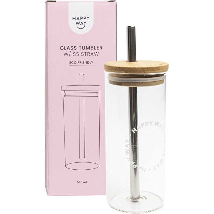 Happy Way Glass Tumbler with Stainless Steel Straw 580ml