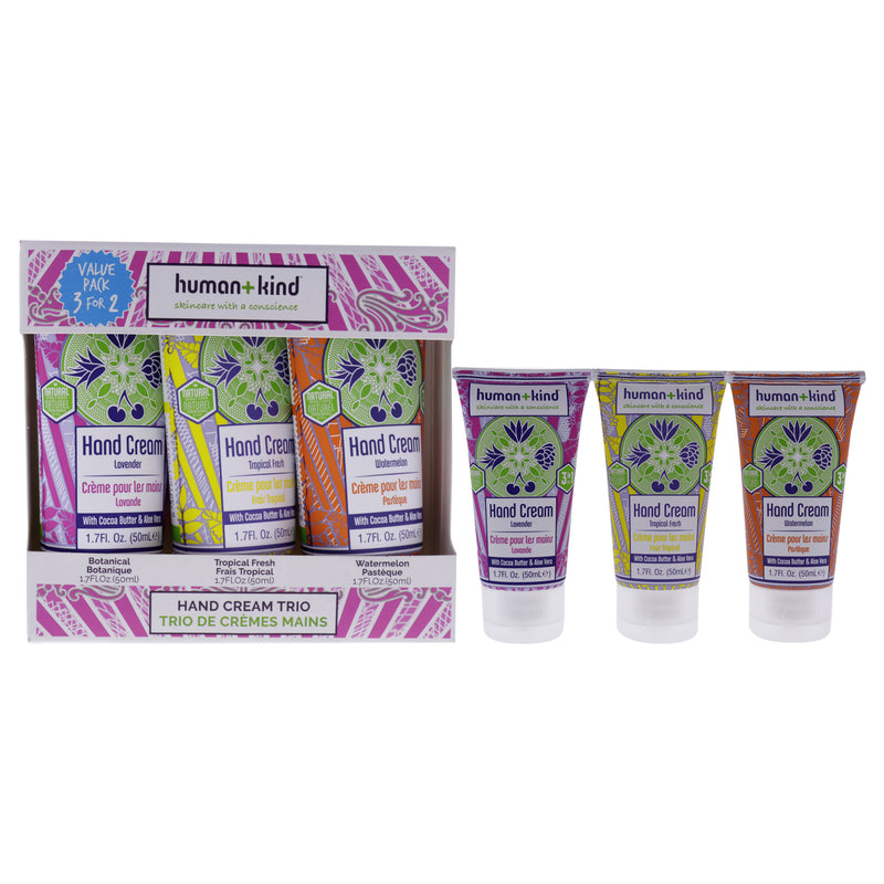 Human+Kind Hand Cream Trio by Human+Kind for Unisex - 3 Pc 1.7oz Hand Cream - Watermelon, 1.7oz Hand Cream - Tropical Fresh, 1.7oz Hand Cream - Lavender