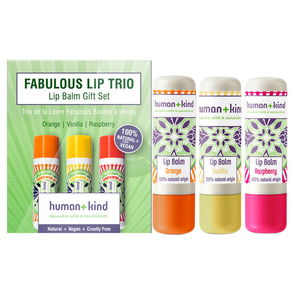 Human+Kind Fabulous Lip Balm Trio by Human+Kind for Women - 3 Pc 0.17oz Lip Balm - Orange, 0.17oz Lip Balm - Vanilla, 0.17oz Lip Balm - Raspberry