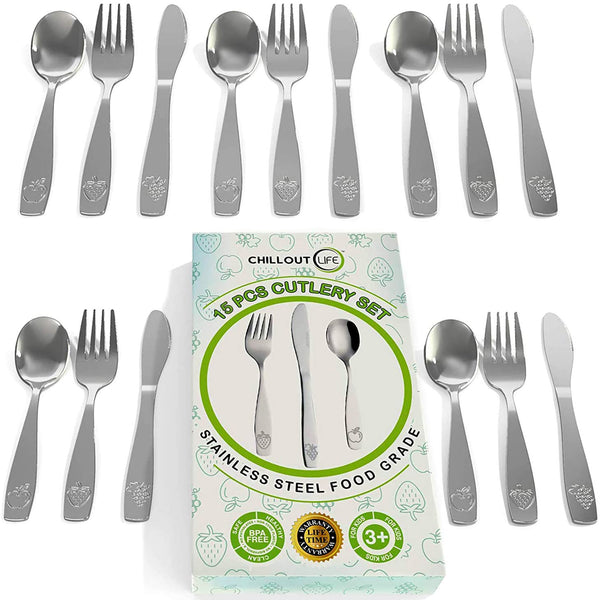 Chillout Life Stainless Steel Kids Silverware Set by Chillout Life for Kids - 15 Pc Cutlery