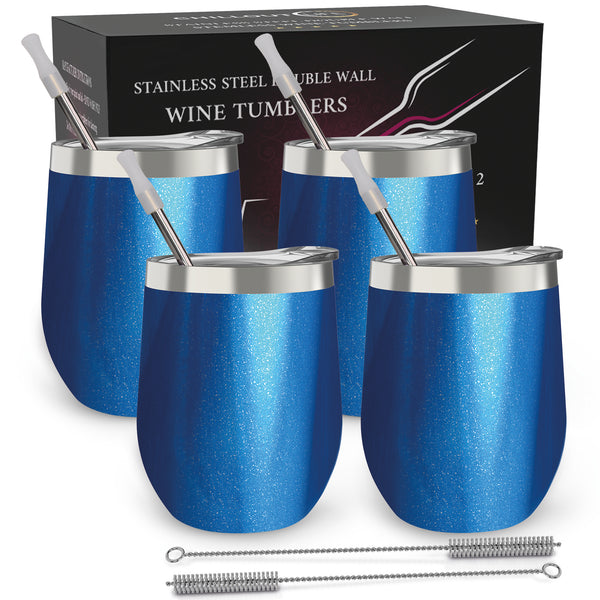 Chillout Life Stainless Steel Double Wall Wine Tumbler - Blue Sparkle by Chillout Life for Unisex - 4 x 12 oz Tumbler