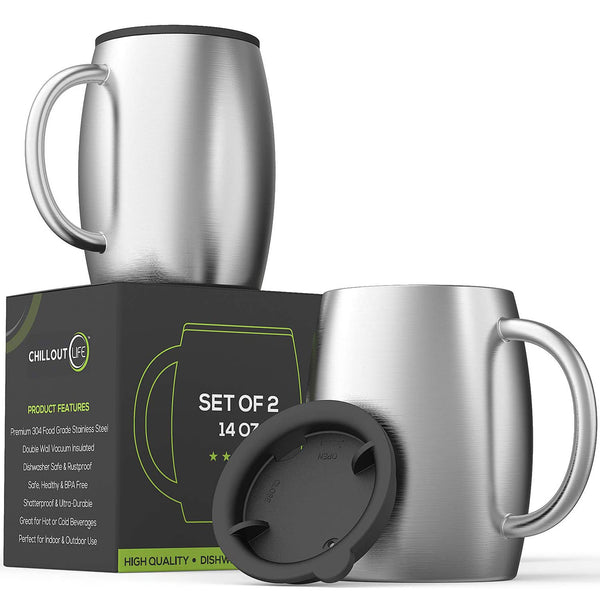 Chillout Life Stainless Steel Double Wall Coffee Mug with Lid by Chillout Life for Unisex - 2 x 14 oz Tumbler