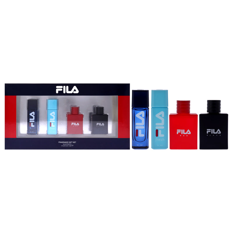 Fila Fila Variety Set by Fila for Men - 4 Pc Mini Gift Set 0.25oz Fila EDT Spray, 0.25oz Fila Fresh EDT Spray, 0.25oz Fila Black EDT Spray, 0.25oz Fila Red EDT Spray