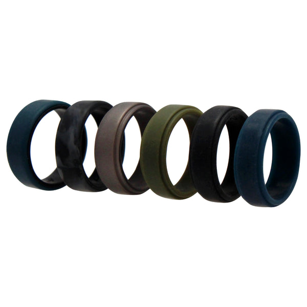 Silicone Wedding 2Layer Beveled 8mm Ring Set - Black-Camo by ROQ for Men - 6 x 12 mm Ring