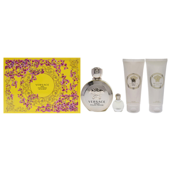 Versace Versace Eros by Versace for Women - 4 Pc Gift Set 3.4oz EDP Spray, 3.4oz Body Lotion, 3.4oz Bath and Shower Gel, 0.17oz EDP Rollerball Mini