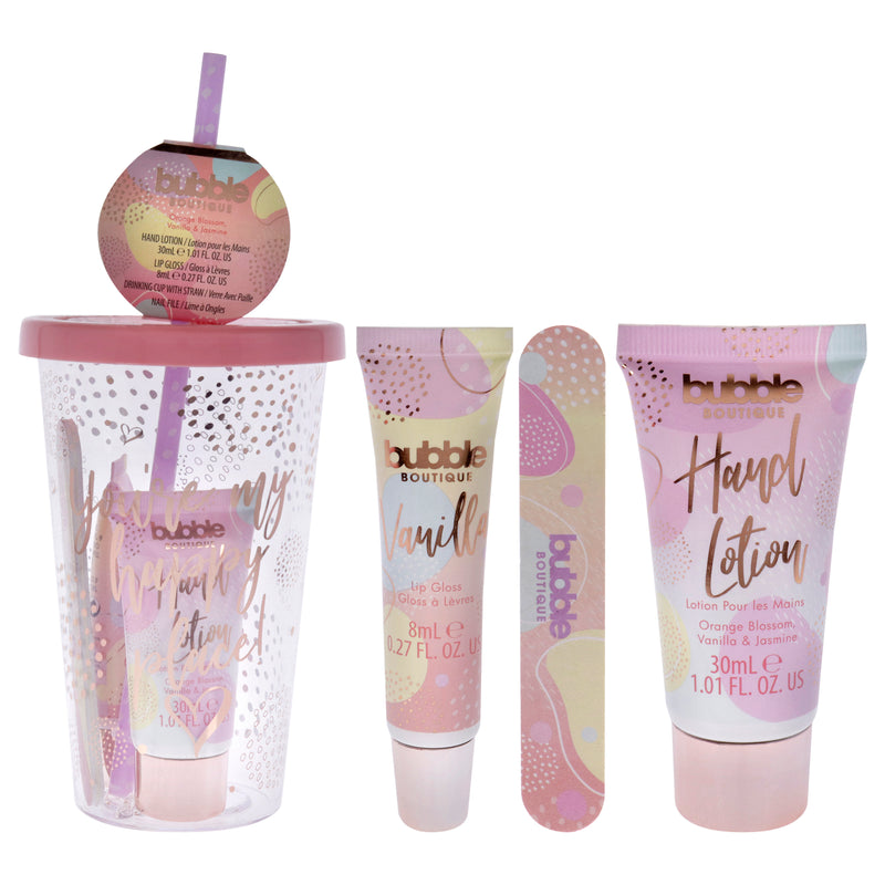 Style and Grace Bubble Boutique Travel Cup - Eco Packaging by Style and Grace for Women - 4 Pc 1.01oz Hand Lotion, 0.27oz Lip Gloss - Vanilla, Drinking Cup, Nail File