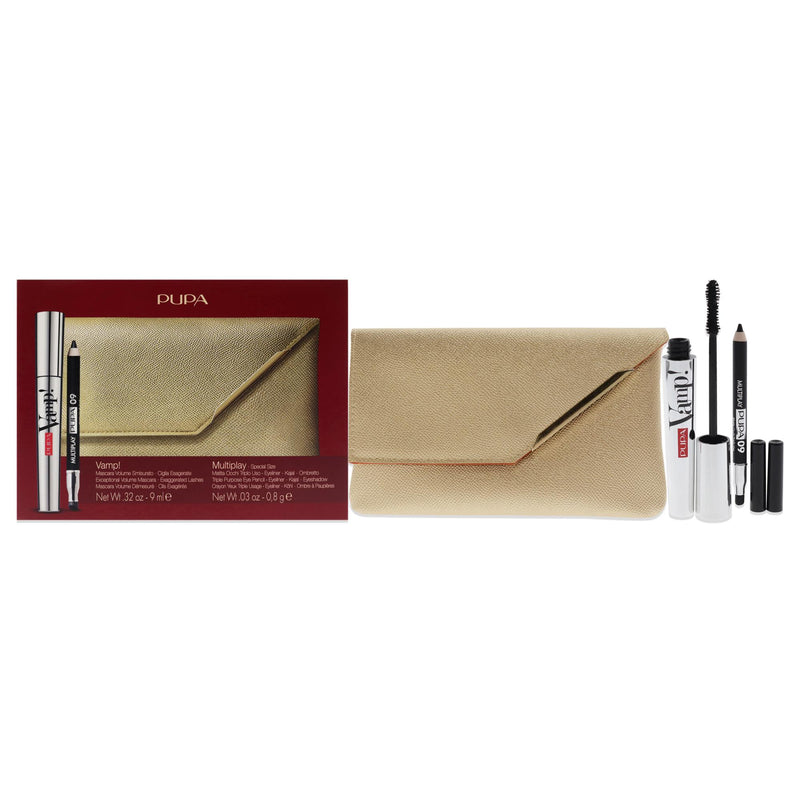 Pupa Milano Vamp! and Multiply Set by Pupa Milano for Women - 3 Pc 0.32oz Vamp! Mascara - 100 Black, 0.03oz Multiplay Eye Pencil - 09 Black, Wallet