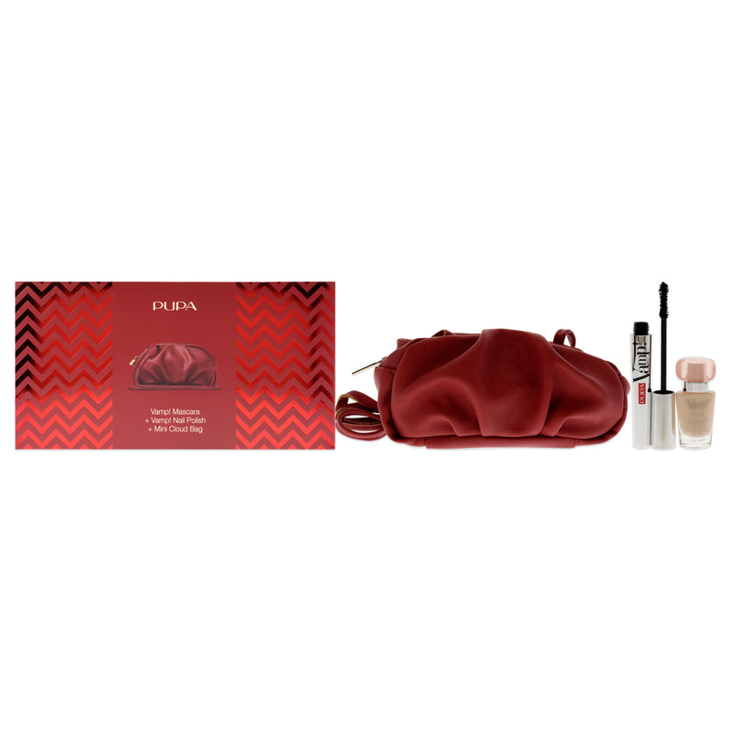 Pupa Milano Vamp! Mascara and Vamp! Nail Polish Set by Pupa Milano for Women - 3 Pc 0.32oz Vamp! Mascara - 100 Black, 0.3oz Nail Polish - 102 Femenine Pink, Mini Cloud Bag