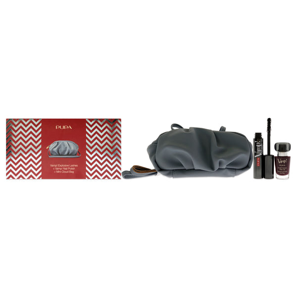 Pupa Milano Vamp! Explosive Lashes and Vamp! Nail Polish Set by Pupa Milano for Women - 3 Pc 0.40oz Vamp! Explosive Lashes Mascara - 110 Black, 0.3oz Nail Polish - 304 Intrepid Red Black, Mini Cloud Bag