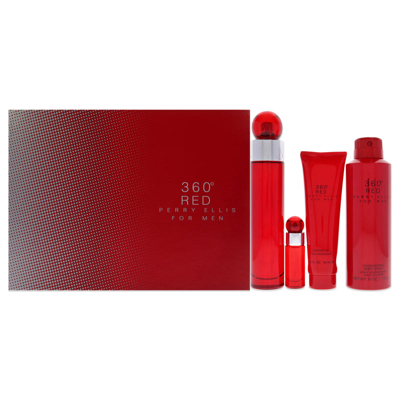 Perry Ellis 360 Red by Perry Ellis for Men - 4 Pc Gift Set 3.4oz EDT Spray, 6oz Body Spray, 3oz Shower Gel, 7.5ml EDT Spray