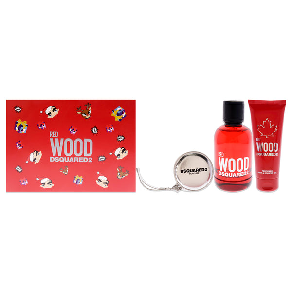 Dsquared2 Red Wood by Dsquared2 for Women - 3 Pc Gift Set 3.4oz EDT Spray, 3.4oz Perfumed Bath and Shower Gel, Silver Round Purse
