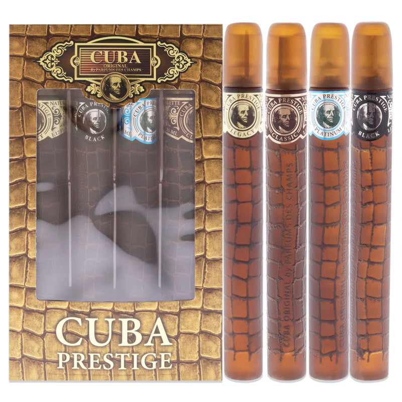 Cuba Cuba Prestige by Cuba for Men 4 Pc Gift Set 1.17oz Classic EDT Spray, 1.17oz Black EDT Spray, 1.17oz Platinum EDT Spray, 1.17oz Legacy EDT Spray