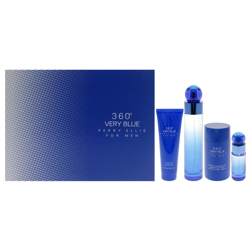 Perry Ellis 360 Very Blue by Perry Ellis for Men - 4 Pc Gift Set 3.4oz EDT Spray, 0.25oz EDT Spray, 2.75oz Deodorant Stick Plus, 3oz Shower Gel