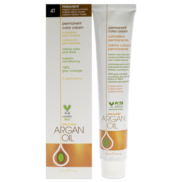 One n Only Argan Oil Permanent Color Cream - 4T Medium Tobacoo Brown by One n Only for Unisex - 3 oz Hair Color