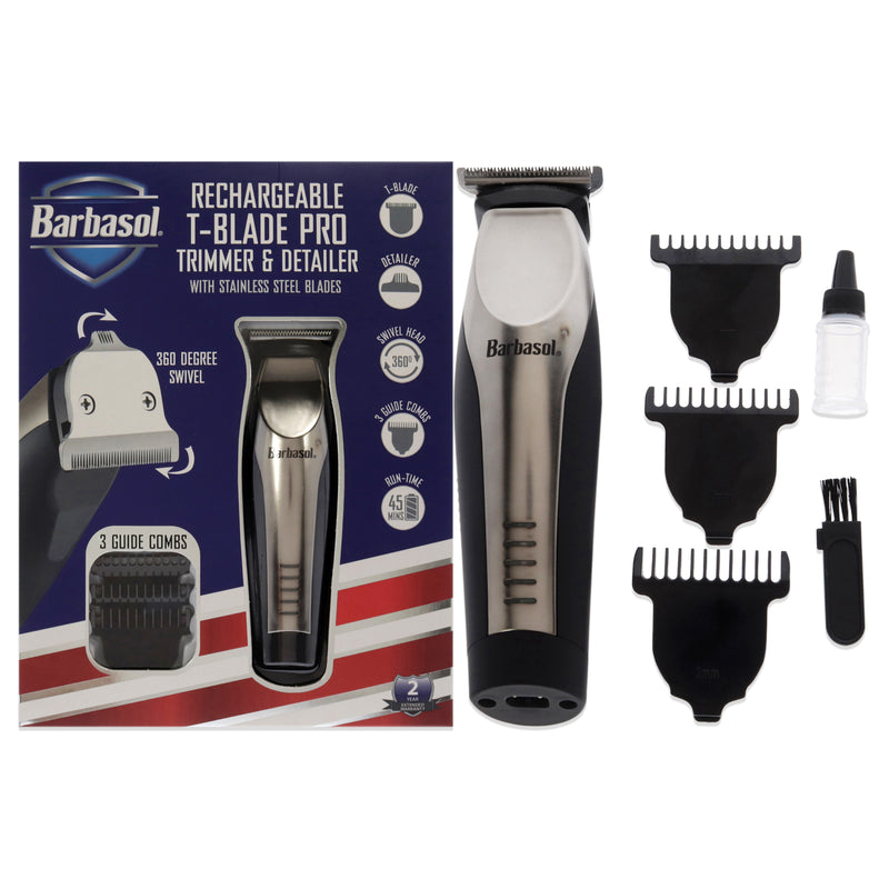 Barbasol Rechargeable T-Blade Pro Trimmer and Detailer by Barbasol for Men - 8 Pc T-Blade, Trimmer, 3 Guide Combs, Detailer, Cleansing Brush, Oil