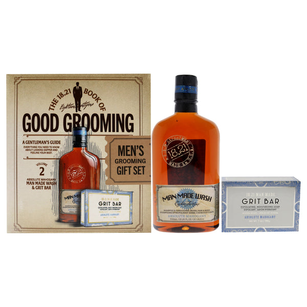 18.21 Man Made Book of Good Grooming Volume 2 Set - Absolute Mahogany by 18.21 Man Made for Men - 2 Pc 18oz Man Made Wash 3-In-1 Shampoo, Conditioner and Body Wash, 7oz Grit Bar