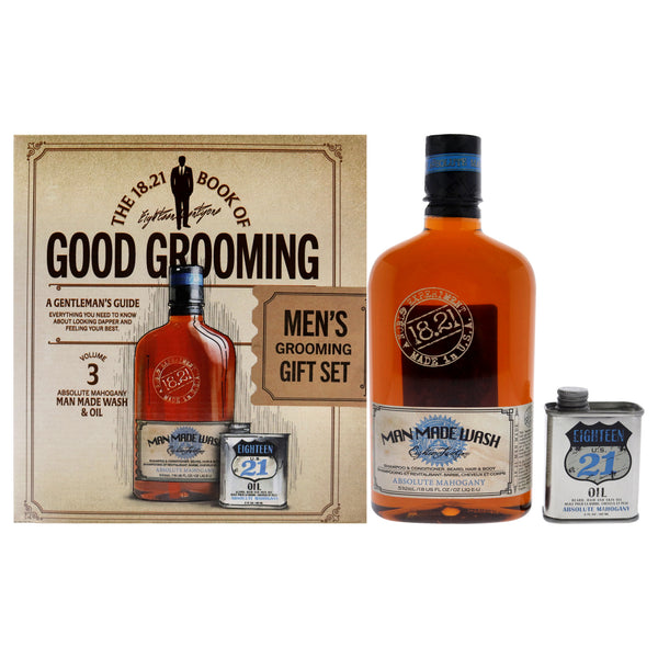 18.21 Man Made Book of Good Grooming Volume 3 Set - Absolute Mahogany by 18.21 Man Made for Men - 2 Pc 18oz Man Made Wash 3-In-1 Shampoo, Conditioner and Body Wash, 2oz Oil