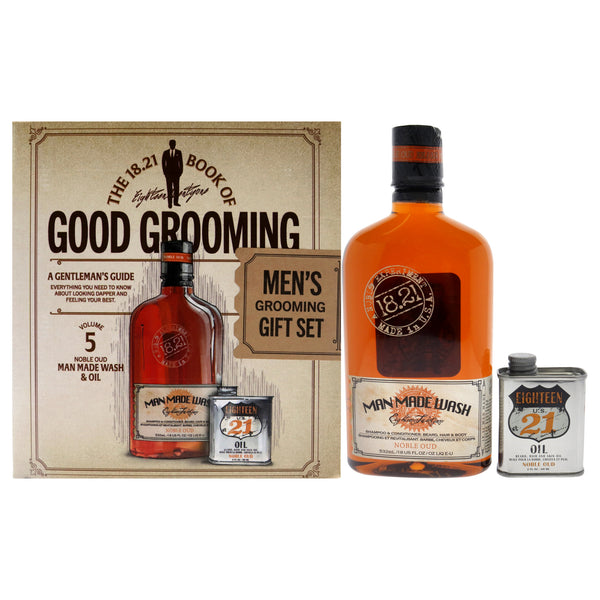 18.21 Man Made Book of Good Grooming Volume 5 Set - Noble Oud by 18.21 Man Made for Men - 2 Pc 18oz Man Made Wash 3-In-1 Shampoo, Conditioner and Body Wash, 2oz Oil