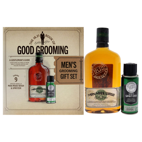 18.21 Man Made Book of Good Grooming Volume 9 Set - Spiced Vanilla by 18.21 Man Made for Men - 2 Pc 18oz Man Made Wash 3-In-1 Shampoo, Conditioner and Body Wash, 3.4oz Spirits Spritzer Body Spray