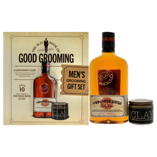 18.21 Man Made Book of Good Grooming Volume 10 Set - Sweet Tobacco by 18.21 Man Made for Men - 2 Pc 18oz Man Made Wash 3-In-1 Shampoo, Conditioner and Body Wash, 2oz Clay