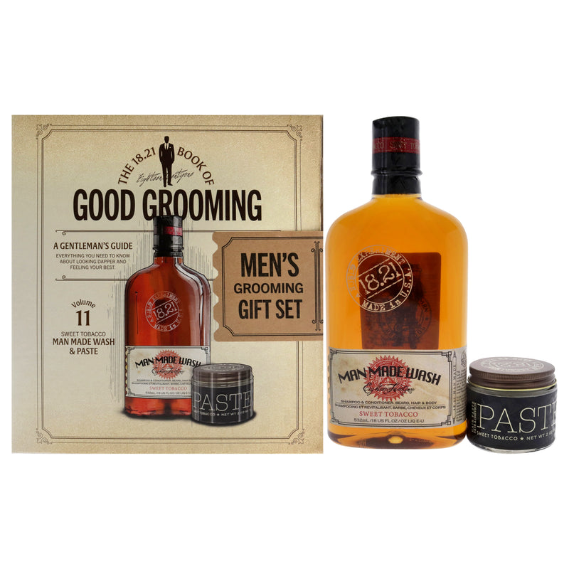 18.21 Man Made Book of Good Grooming Volume 11 Set - Sweet Tobacco by 18.21 Man Made for Men - 2 Pc 18oz Man Made Wash 3-In-1 Shampoo, Conditioner and Body Wash, 2oz Paste