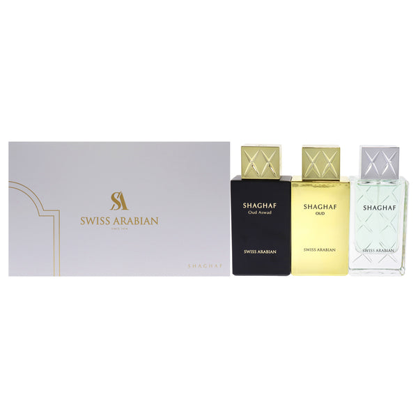 Swiss Arabian Shaghaf by Swiss Arabian for Unisex - 3 Pc Gift Set 2.5oz Oud Aswad EDP Spray, 2.5oz Oud EDP Spray, 2.5oz EDP Spray