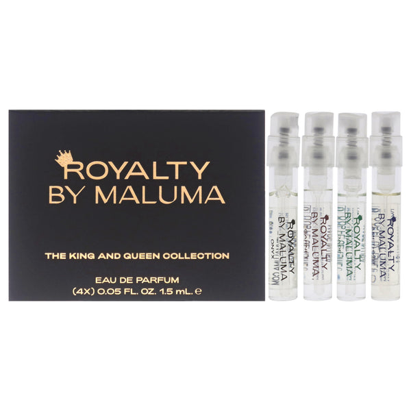 Royalty By Maluma The King and Queen Collection by Royalty By Maluma for Unisex - 4 Pc Gift Set 0.05oz Onyx For Him EDP Spray, 0.05oz Garnet For Him EDP Spray, 0.05oz Jade For Her EDP Spray, 0.05oz Amethyst for Her EDP Spray