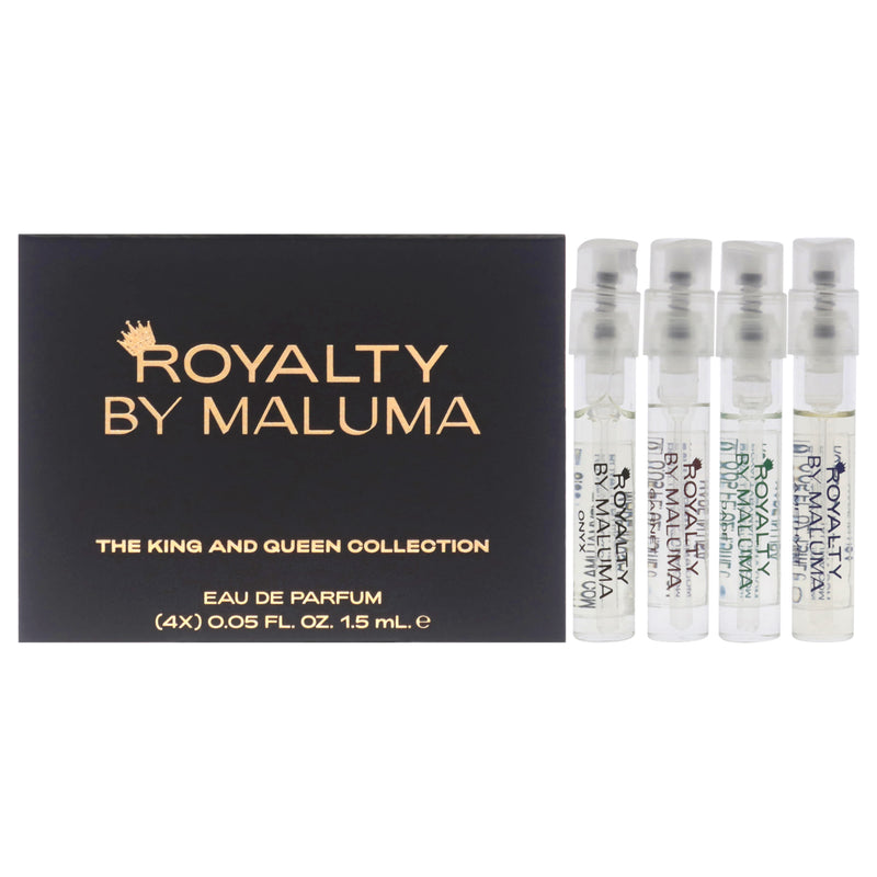 Royalty By Maluma The King and Queen Collection by Royalty By Maluma for Unisex - 4 Pc Gift Set 0.05oz Onyx For Him EDP Spray, 0.05oz Garnet For Him EDP Spray, 0.05oz Jade For Her EDP Spray, 0.05oz Amethyst for Her EDP Spray