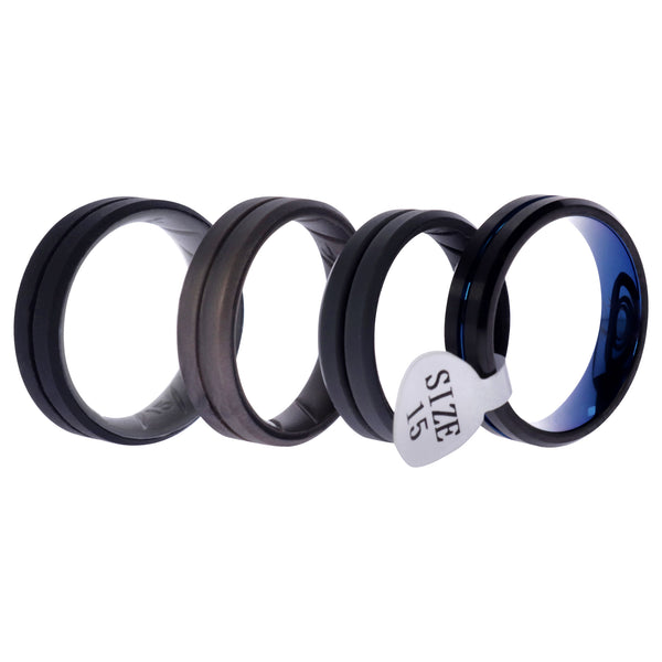 ROQ Silicone Wedding Ring BR Twin Middle Line Wedding Ring Set by ROQ for Men - 4 x 15 mm Bronzer, Black-Blue, Black, Grey