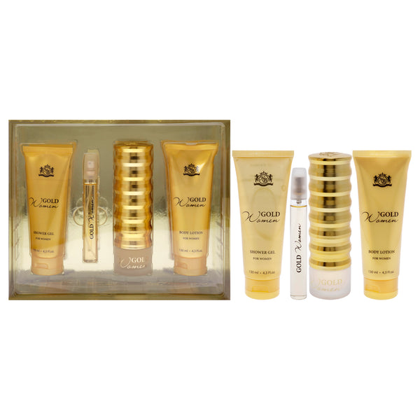 New Brand Gold by New Brand for Women - 4 Pc Gift Set 3.3oz EDP Spray, 0.5oz EDP Spray, 4.3oz Shower Gel, 4.3oz Body Lotion