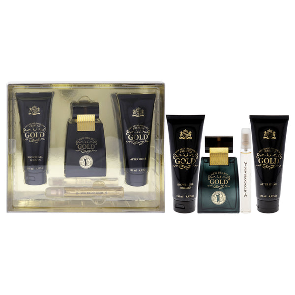 New Brand Gold by New Brand for Men - 3 Pc Gift Set 3.3oz EDT Spray, 0.5oz EDT Spray, 4.3oz Shower Gel, 4.3oz After Shave