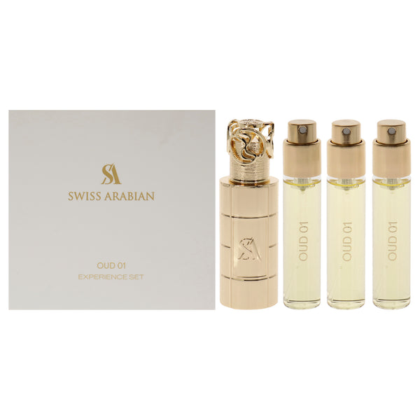 Swiss Arabian Oud 01 by Swiss Arabian for Unisex - 4 Pc Mini Gift Set 3 x 10ml Perfume Spray, 1 Metal Case