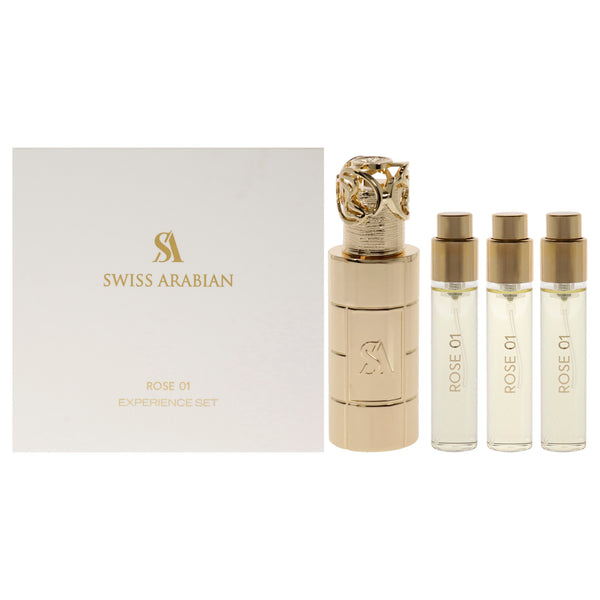 Swiss Arabian Rose 01 by Swiss Arabian for Unisex - 4 Pc Mini Gift Set 3 x 10ml Perfume Spray, 1 Metal Case