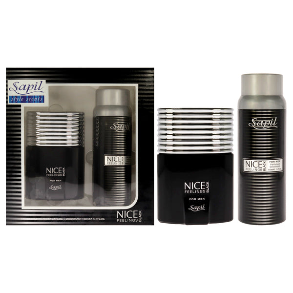 Sapil Nice Feeling Black by Sapil for Men - 2 Pc Gift Set 2.5oz EDT Spray, 5.1oz Perfumed Deodorant Spray