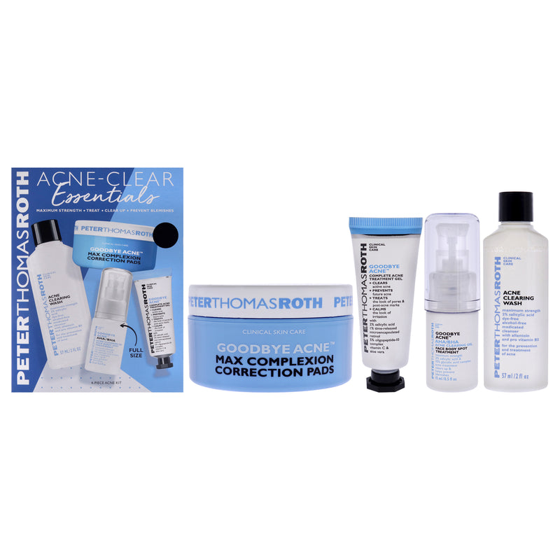 Peter Thomas Roth Acne-Clear Essentials Kit by Peter Thomas Roth for Unisex - 4 Pc 2oz Acne Clearing Wash, 0.25oz Goodbye Acne Complete Acne Treatment Gel, 20 Pads Goodbye Acne Max Complexion Correction Pads, 0.5oz Goodbye Acne AHA-BHA Acne Clearing Gel F