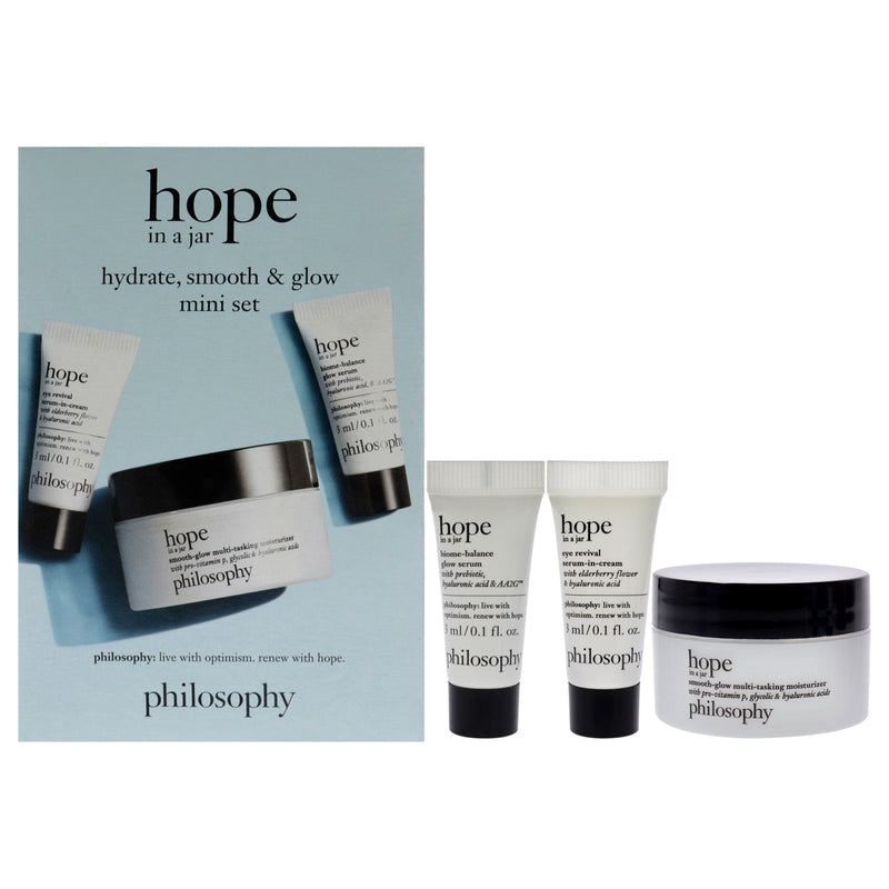 Philosophy Hope In A Jar Hydrate Smooth and Glow Mini Set by Philosophy for Unisex - 3 Pc 0.5oz Smooth-Glow Multi-Tasking Moisturizer, 0.1oz Eye Revival Serum-in-Cream, 0.1oz Biome-Balance Glow Serum