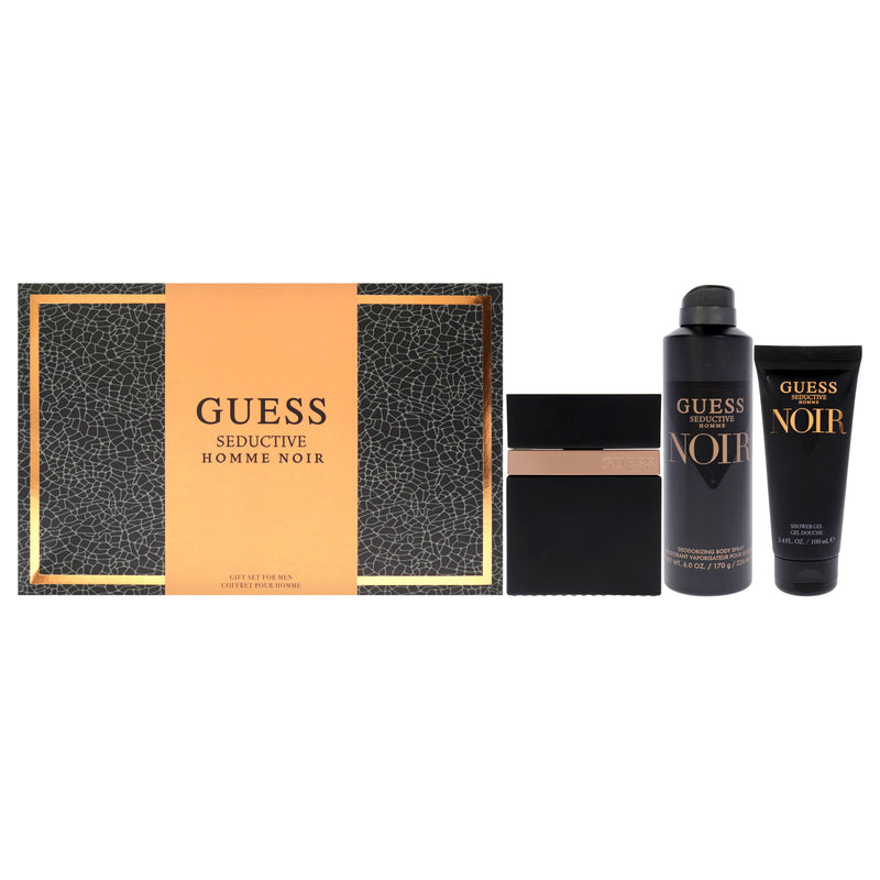 Guess Seductive Homme Noir by Guess for Men - 4 Pc Gift Set 3.4oz EDT Spray, 6oz Deodorant Body Spray, 3.4oz Shower Gel, Pouch