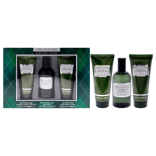 Geoffrey Beene Grey Flannel by Geoffrey Beene for Men - 3 Pc Gift Set 4oz EDT Spray, 3.4oz After Shave Lotion, 3.4oz Hair and Body Wash