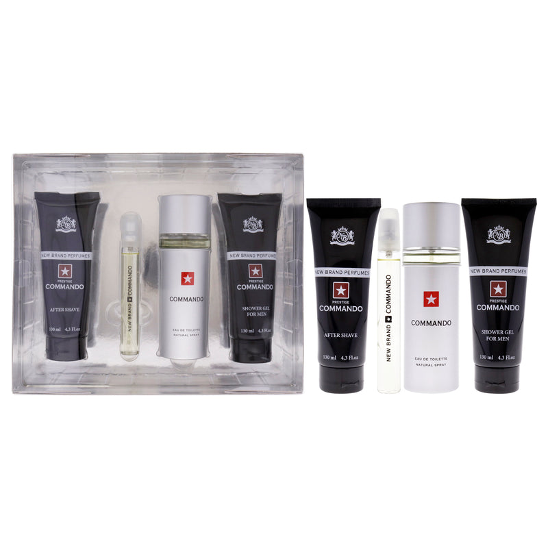 New Brand Prestige Commando by New Brand for Men - 4 Pc Gift Set 3.3oz EDT Spray, 0.5oz EDT Spray, 4.3oz Shower Gel, 4.3oz After Shave