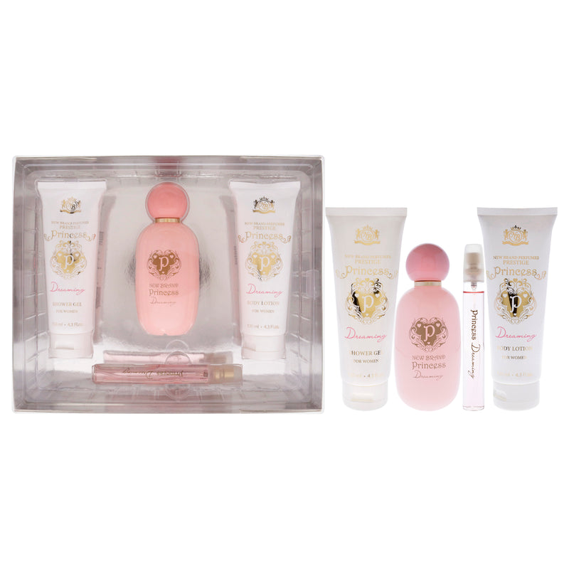 New Brand Prestige Princess Dreaming by New Brand for Women - 4 Pc Gift Set 3.3oz EDP Spray, 0.5oz EDP Spray, 4.3oz Shower Gel, 4.3oz Body Lotion