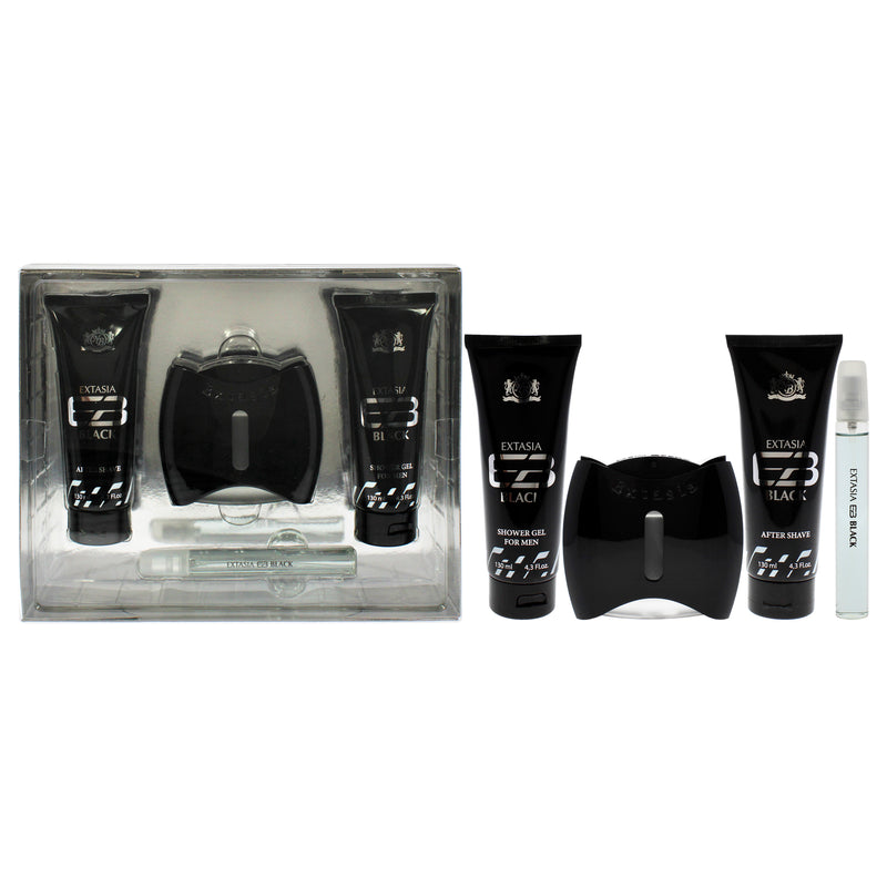 New Brand Prestige Extasia Black by New Brand for Men - 4 Pc Gift Set 3.3oz EDT Spray, 0.5oz EDT Spray, 4.3oz Shower Gel, 4.3oz After Shave